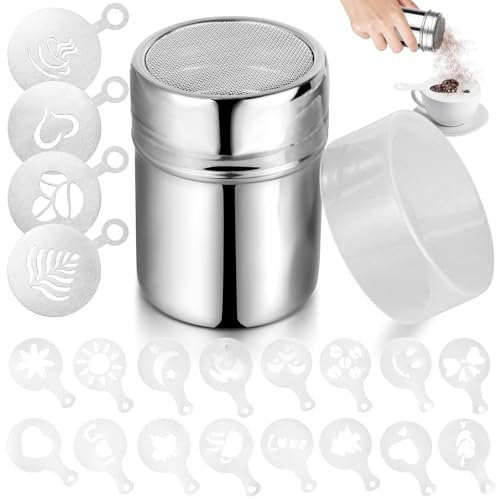 REJOECE Kakaostreuer für Cappuccino, Edelstahl Pulverstreuer Schokoladenstreuer mit 4 Stück Edelstahl Cappuccino Schablonen,16 Stück Kaffee Schablonen, Kaffee Zubehör für Heiße Schokolade Dekoration