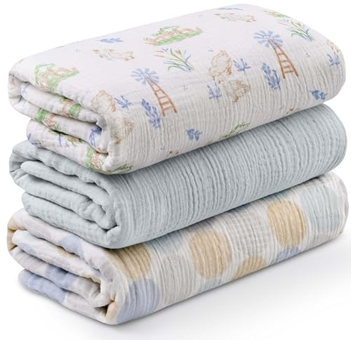 Soarwg Kids Muslin Cotton Baby Swaddle Blankets, 3-Pack, 95x100cm | Farm Holidays design. Large 95x100cm muslin. Swaddle, burp cloth, nursing. Washable. Oeko-Tex.