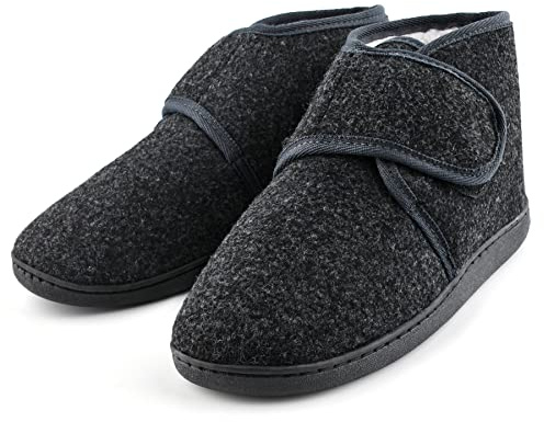 TIESTRA Mens Boots Slippers Winter Warm Fuzzy Cozy Memory Foam Hook & Loop House Shoes Diabetic Edema Swollen Indoor Outdoor Slip On Slipper comfortable Adjustable Bootie Grey EU43/US10