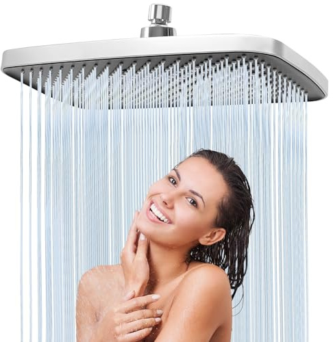 Soffione Doccia Grande Rettangolare 30x20 cm Acciaio Inossidabile 304 con Ugelli in Silicone Anticalcare, Flusso Potente e Girevole 360°, Soffione Doccia Fisso