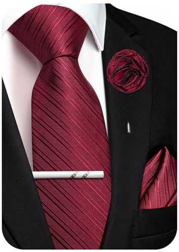 Ailisus Juego de corbata para hombre, set de corbata de seda con rayas, pañuelo de bolsillo, flor para solapa, pinza de corbata para boda, fiesta, 4 piezas, rojo burdeos, Talla única