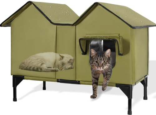 Extra Large Outdoor Cat House, Waterproof Insulated Cat Shelter, Pet House with Elevated Base and Cushion, Feral Cat Kennel for Multiple Cats and Small Dogs (Green)