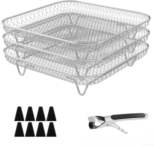 Estante apilable para freidora de aire de 8 pulgadas, bandeja de tres capas de acero inoxidable con pinzas resistentes al calor, resistentes a la corrosión, no para una cocción eficiente