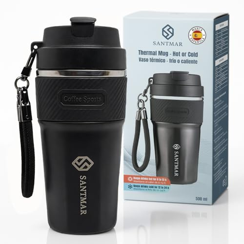SANTMAR Vaso térmico café 500 ml – termo para llevar bebida fría y caliente, acero inoxidable con recubrimiento cerámico, doble pared al vacío, correa de transporte y 2 formas de beber