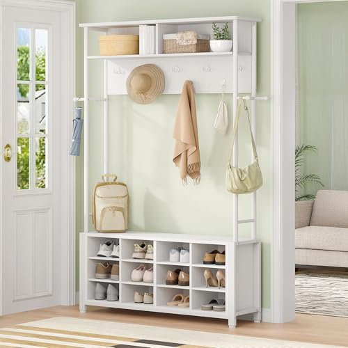 Hzuaneri Coat Rack with Shoe Storage, Hall Tree with Bench, White