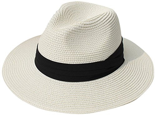 DRESHOW Femme Homme Chapeau de Paille Panama Chapeau Été Large Bord Chapeau de Soleil Anti-UV pour Plage Voyage Chapeau de Soleil
