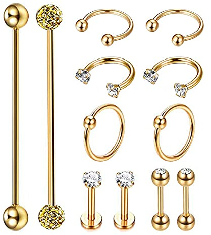 Masedy 12Pcs Stainless Steel Industrial Barbell Cartilage Piercing Earrings for Women Men Hoop Helix Tragus Labret Piercing G