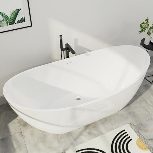 Mokleba 67 Lucite Acrylic Freestanding Bathtub, Double Slipper Shape Contemporary Soaking Tub with Toe-tap Chrome Drain, Slotted Overflow, cUPC Certified, Glossy White