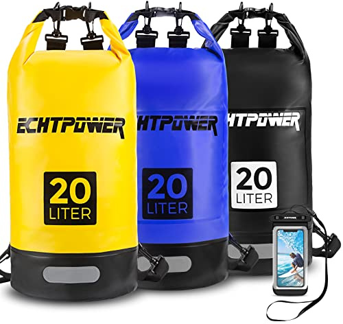 ECHTPower Borsa Impermeabile 5L/10L/20L, Dry Bag Sacco Impermeabile con Tracolla Regolabile, con Custodia Impermeabile, Marsupio 100% impermeabile per Mare,Barca,kayak,Rafting,Pesca,Campeggi