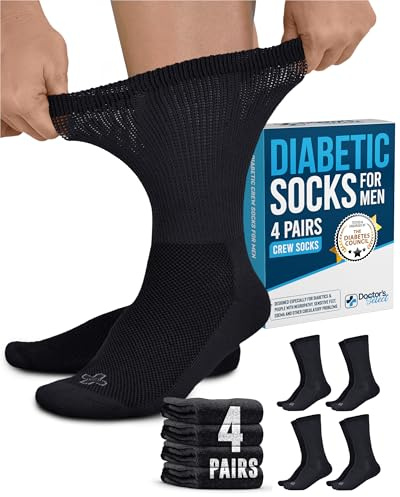 Doctor's Select Diabetic Socks for Men - 4 Pairs Crew Black Diabetic Socks for Men 9-12 | Moisture-Wicking | Neuropathy and Edema