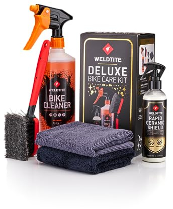 WELDTITE Deluxe 5-in-1 Bike Care Kit, Cleaner, Brushes, Cloths | 1 L Bike Cleaner, Soft Wash Brush, Ceramic Shield, Premium Cloths, Easy to Use, High Quality, Efficient Cleaning