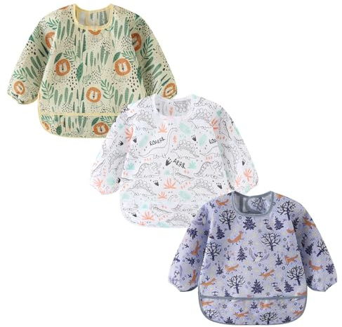 ElecMotive 3 Pack Long Sleeve Bib,Baby Smock for Eating 6-30 Months Reusable Shirt Bibs for Babies Toddler