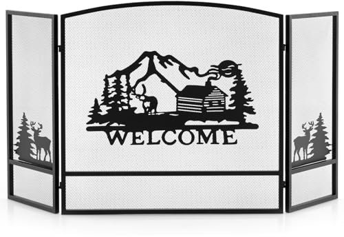 COSTWAY 3 Panel Folding Fire Guard, Large Fireplace Screen Fence with Anti-slip Footpads & Flexible Hinges, Wrought Iron Mesh Spark Fire Panel for Wood Coal Firing (Moose Pattern,No Footpad, 139x75cm)