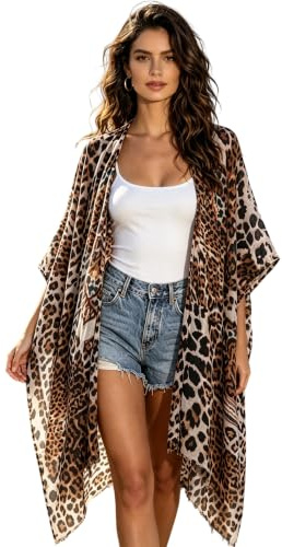 breezy lane Kimono floral para mujer, cárdigan para bikini, salida de baño, casual, para vacaciones, B Leopardo, Talla única
