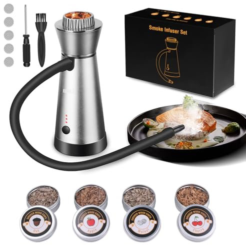 BORUIT SK301B Cocktail Smoker Kit,Smoking Gun Food Smoker with 4 Flavors Wood Chips,Portable Aluminum Alloy Drink and Food Smoker Infuser for Kitchen Cocktails Meat BBQ Cheese(Silver)