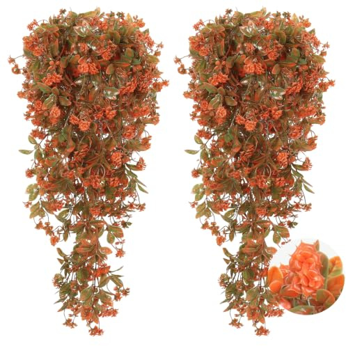 RECUTMS 2Pcs Artificial Autumn Hanging Flowers Plant for Outdoor Decor | Fake Plastic Outdoor Flowers Faux Autumn Red Vines for Indoor Outdoor Home Garden Wall Patio Wedding Party Decorations