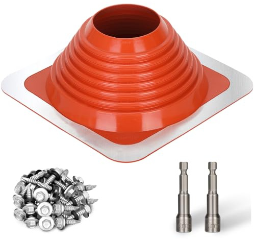 #6 Metal Roof Pipe Flashing Boot, Metal Roofing Pipe Flashing Boot Fits Pipe OD 5 to 9 Wide, Includes Flexible High Temp Silicone Chimney Boot, Hex Socket x2, Roofing Screw x50, Square Base, Red