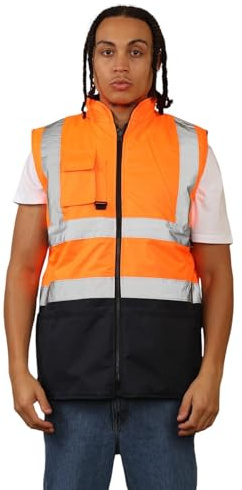 Hamishkane® Gilet da uomo ad alta visibilità, foderato in pile, reversibile, ad alta visibilità, senza maniche, con due tasche, portapenne, portachiavi e nastro riflettente, Arancione fluo/blu navy
