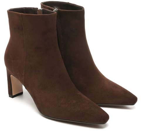 Braune Wildleder-Stiefeletten für Damen, spitzer Zehenbereich, klobig, hochhackig, Herbst, elegante kurze Stiefel mit Reißverschluss, Schokobraun, 42 EU