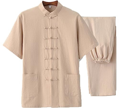 Bomull Linne Tai Chi Uniform Kampsport Set Tang Suit Tunna Kortärmade Byxor, Kinesiska Traditionella Kläder Kung Fu Kläder Zen Meditations Uniform Andas Toppar gul-M