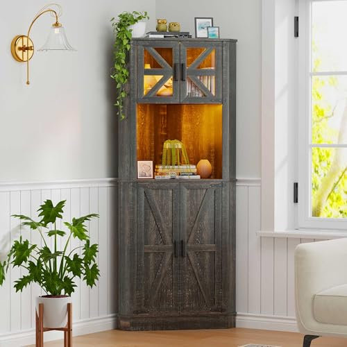 Gurexl LED Sideboard Eckschrank Buffetschrank, Landhausstil küchenschrank Mit Kabelloser Ladestation, Smart Mehrzweckschrank Dimmbares RGB 20 Farben,Holz Braun