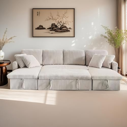 MAHÉ | Sofá Panorámico Convertible 4 plazas Pana Beige con Cofres Espacioso Cama 267x110 cm Diseño Moderno y Práctico
