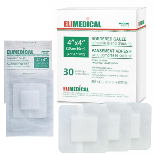 ELIMEDICAL Pansement Adhésif Stérile à Bordure de Gaze – Compresses de Gaze, Tampon pour Soin de Plaie avec Bordure Adhésive – Stérile, Doux & Hautement Absorbant (4x4(10x10cm))