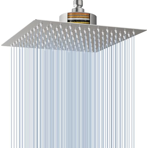 Pomme de Douche à Effet pluie Voolan avec Filtre à Haut Débit et à Effet pluie en Acier Inoxydable, Pommeau de Douche à Effet Cascade pour Eau Dure (25cm Nickel Brossé)