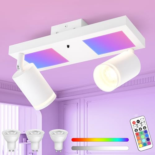 YindaLux Deckenstrahler LED mit Fernbedienung, RGB Farbwechsel 17W 2300LM Deckenlampe Strahler Schwenkbar, Weiß RGB Deckenleuchte 2 Flammig mit Unteres Glühen 7W+2x5W GU10 Spot für Wohnzimmer