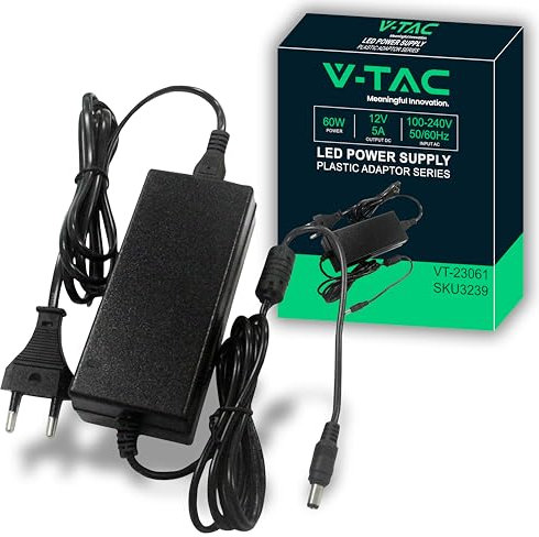 V-TAC Alimentatore 12V 60W 5A con Jack 2.1 per Telecamere, Strisce LED, Modem - Trasformatore Universale 12V con Spina di Corrente Casa per Schermi, Apparecchiature Elettroniche - Input AC 100-240V