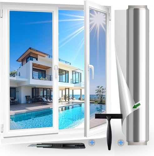 Fensfolie (44.5X200cm) Sonnenschutzfolie Fenster innen oder außen Silber, UV-Schutz Spiegelfolie, Ohne Rückstände Thermofolie Fenster Gegen Hitze, Sichtschutz Fensterfolie Hitzfolie