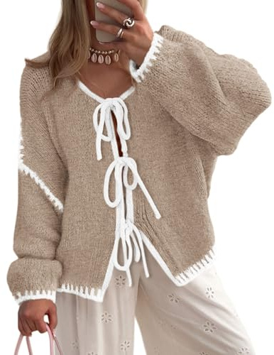 PRETTYGARDEN Women's Tie Front Bow Cardigan Sweaters Chunky Knit Long Puff Sleeve Trendy Fall Winter Jacket Coats (Camel White,Medium)
