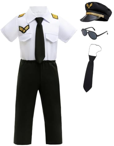 Lito Angels Deguisement Pilote Garcon Tenue Avion 5 Pieces avec Lunettes Chemise Cravate Chapeau Pantalon Taille 140 9-10 Ans pour Noel Carnaval Halloween Fete Ecole