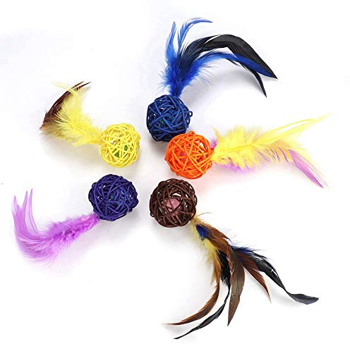YolieraArt Set di 5 palline colorate per gatti in rattan con piume e campane, set di giocattoli interattivi per gatti, sicure da masticare per gattini e gatti adulti