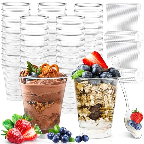JEDWKFA 60 stycken dessertkoppar med 60 stycken skedar, 80 ml transparenta dessertkoppar, återanvändbara dessertglas i plast, för hemmet, dessert, pudding, mousse