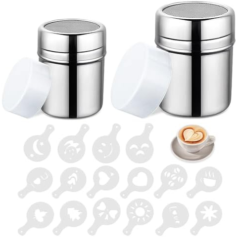 HMCEY 2 PCS Espolvoreador de Cacao en Polvo,Dispensador de Canela Acero Inoxidable,Dispensador Azucar Glass con Tapa,Espolvoreador de Queso con 16 Moldes de Presión,Tamizador de Harina para Hornear