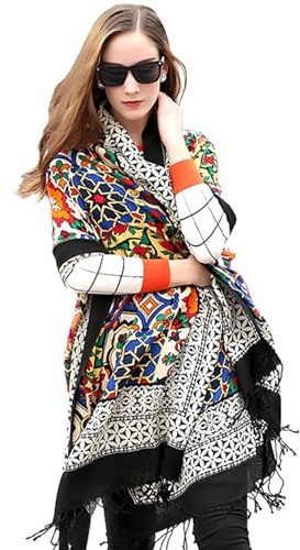 DANA XU Couverture pashmina extra large 100% laine mérinos écharpe de voyage en cachemire pour femme automne hiver châle surdimensionné floral, 11 noir., 96 * 42 INCHES