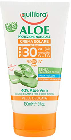equilibra Solari, Aloe Crema Solare Spf 30, Crema con Aloe Vera, Latte di Mandorle, Olio di Carota e Vitamina E, Protegge dalle Scottature, per un'Abbronzatura Sana, Water Resistant, 150 ml