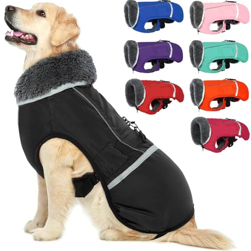Warm Dog Coat, Reflective Waterproof Windproof Dog Jacket with Turtleneck for Cold Weather, Thick Fleece Lining, Pet Outfit, Adjustable Pet Vest for All Dog Sizes, Black