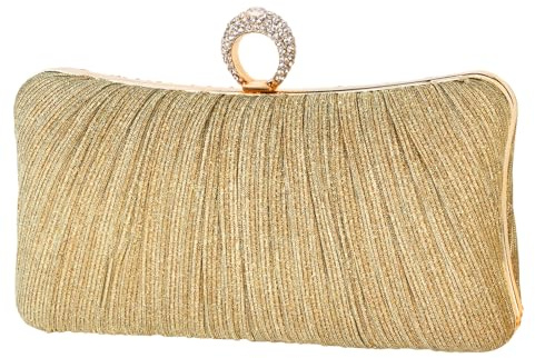 Womens Golden Glitter Clutch Purse Pleated Evening Bag for Bridal Wedding Party with Rhinestone Ring