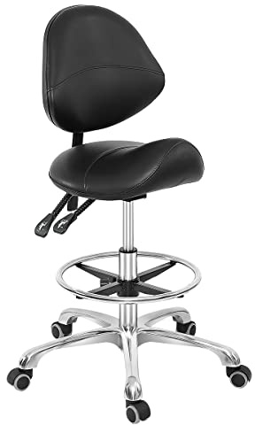 Grace & Grace Professional Saddle Stool Chair with Back Support, Hydraulic Ergonomic Saddle Seat Stool with Wheels for Clinic Dentist Spa Massage Salons Studio (Black, with Foot Rest)