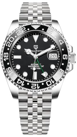 Pagani Design GMT Herren 40 mm Automatikuhr Saphirglas Edelstahl 100 Wasserbeständigkeit Analoguhr Mechanische Herrenuhren Geschenkuhr für Herren(Fünf Perlen Schwarz)