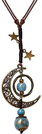 MINACHI Vintage Bohemian Hippie Blue Ceramic Beads Moon Star Lariat Necklace, Boho Hippie Statement Jewelry Gift for Women