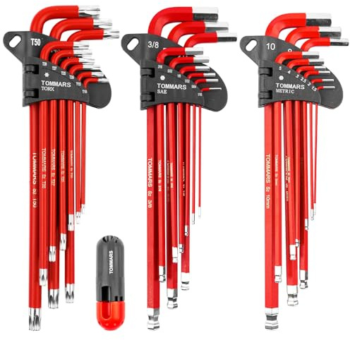 TOMMARS Hex Key Set Magnetic Ball End S2 Steel With T-Handle Hex Key Allen Wrench Set SAE(1/16-3/8) Metric(1.5mm-10mm) TORX(T10-T50)