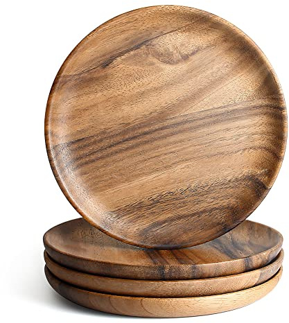 IQCWOOD - 4 piatti piani in legno, 20 cm, in legno di acacia, per mangiare piatti da portata in legno per cibo, panini, dessert, insalata, frutta, vassoio rotondo in legno