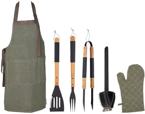 6 Piece Premium BBQ Tool Set with Apron & Heat Resistant Glove – Stainless Steel Barbecue Accessories Kit for Gas & Charcoal Grills – Includes Tongs, Fork, Spatula & Grill Cleaning Brush