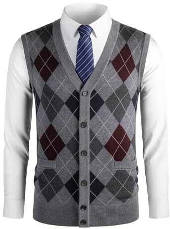 Herothorn Men's Thick Argyle Sweater Vests Classic V-Neck Knitwear Jumper Waistcoat Wool Blend Sleeveless Cardigan with Buttons Warm Plaid Tank Tops Autumn Winter