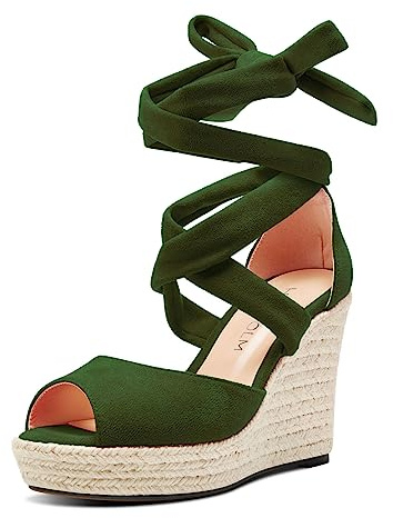 HDEUOLM Femmes Haut High Compensé Plate-forme Talon Heel Ouvert Bout Sandales Lacets Danse Cute 10 CM Heels Vert Olive 38 EU