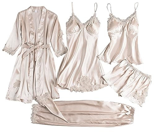 Pyjama Set Damen Kurz Satin, Sexy Morgenmantel Braut Bademäntel Lounge 5-Teiliges Hausmantel Kurze Hosen Deep-V Neck Mit Robe Home Suit Einfarbig Pajamas Set Sommer Damen Nachthemd Pyj