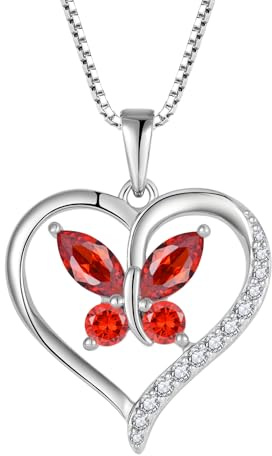 FJ hjärta fjäril kedja damer 925 sterlingsilver födelsesten kedja hänge smycken för kvinnor mor flickvän mamma, Sterlingsilver Kubisk zirkon, Granat
